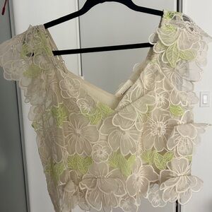 Anthropologie Cream and Green Floral Lace Blouse